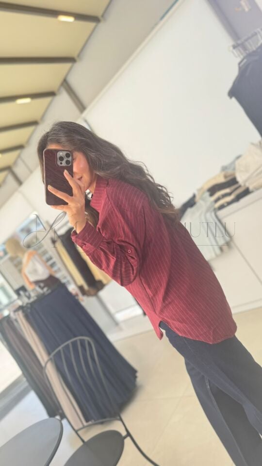 MODAL ÇİZGİLİ GÖMLEK BORDO - M