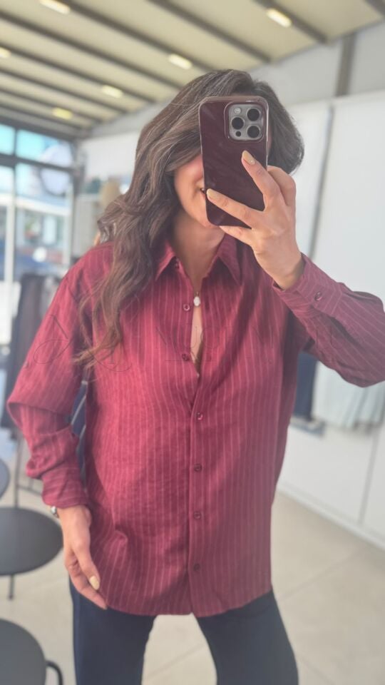 MODAL ÇİZGİLİ GÖMLEK BORDO - L