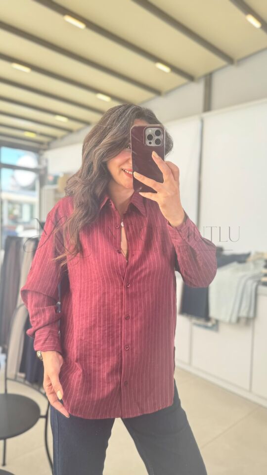 MODAL ÇİZGİLİ GÖMLEK BORDO - L