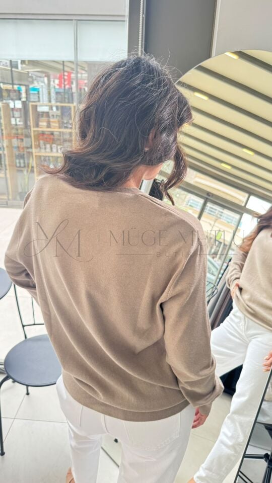 V YAKA YÜN KARIŞIMLI KAZAK KOYU VİZON MELANJ - STANDART