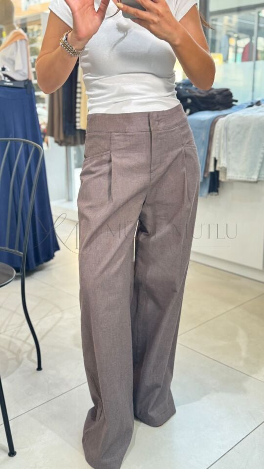 GENİŞ PAÇA PİLİLİ PANTOLON KAHVE - M