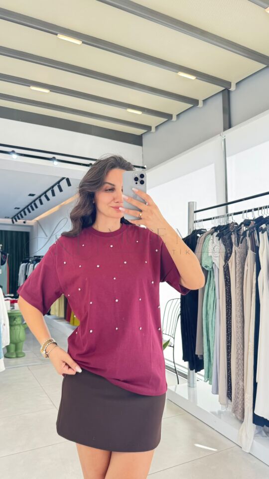 T-SHIRT TAŞLI BORDO - S
