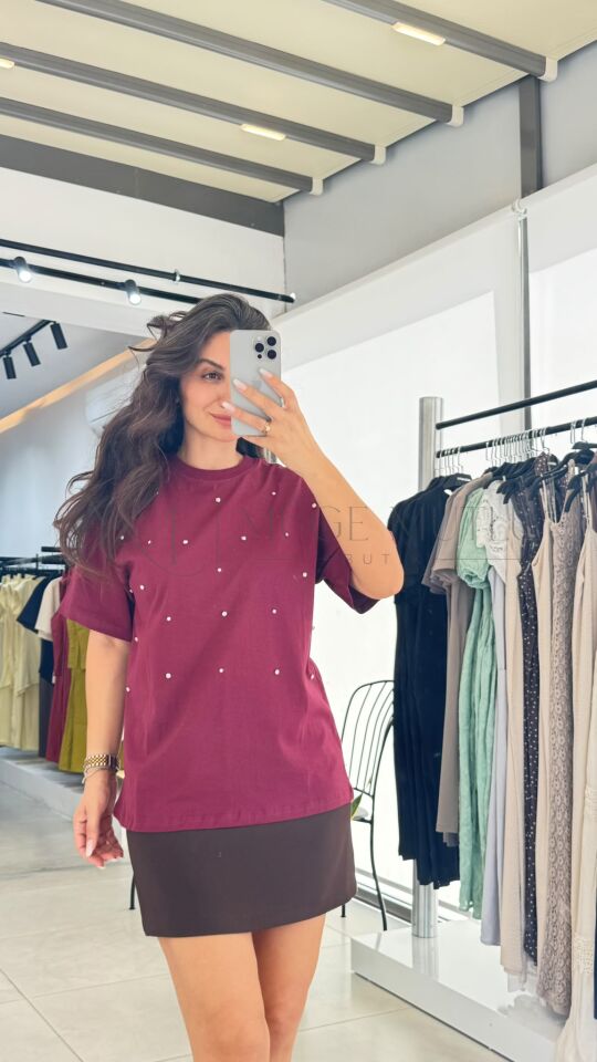 T-SHIRT TAŞLI BORDO - S