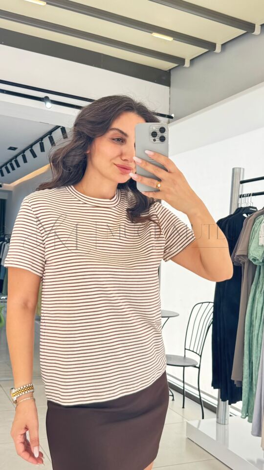 T-SHIRT ÇİZGİLİ KAHVE - S