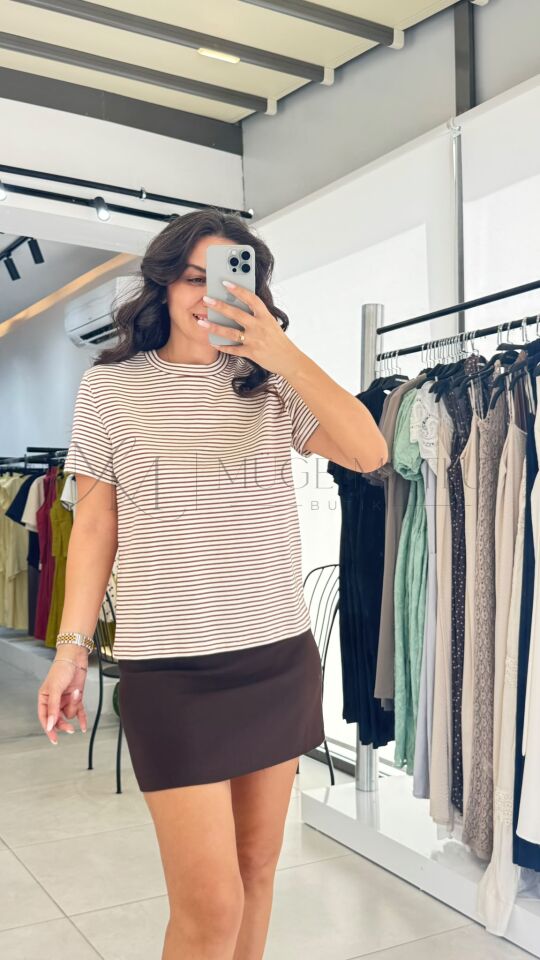 T-SHIRT ÇİZGİLİ KAHVE - S