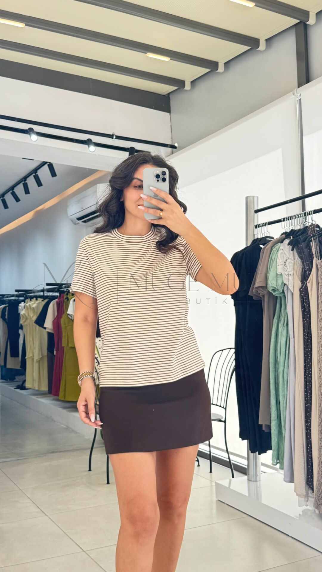 T-SHIRT ÇİZGİLİ KAHVE - S