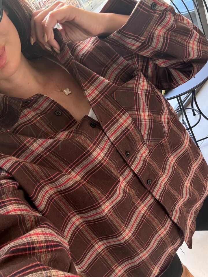 OWESİZE EKOSE KARELİ GÖMLEK KAHVERENGİ - L