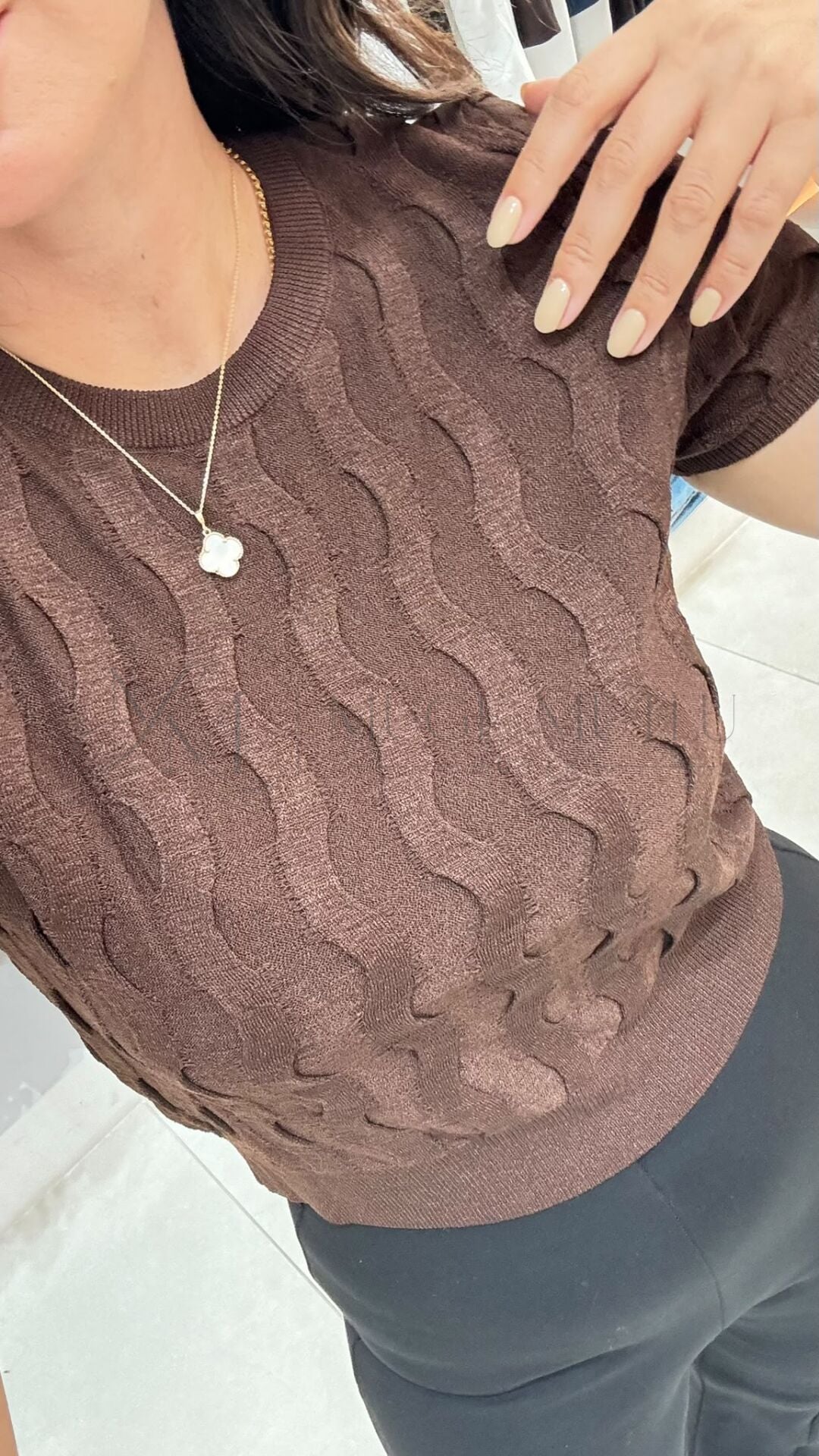 BİSİKLET YAKA DOKULU TRİKO BLUZ KAHVE - STANDART